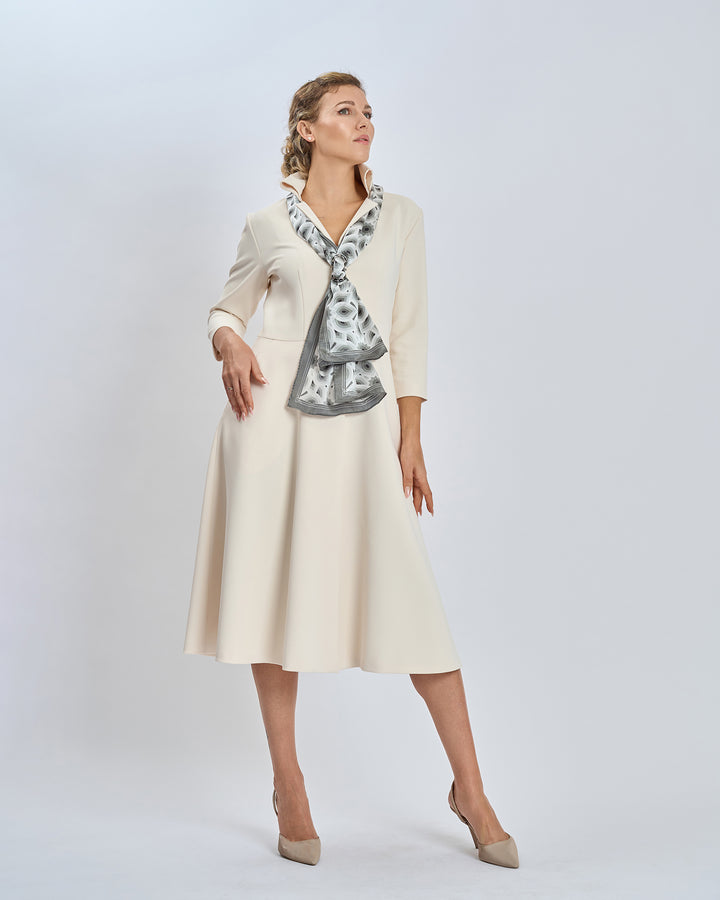 Gray Black and White LOTUS Print Long Silk Scarf Styled Around Neck and Scarf Ring With Cream Button Down Crepe V-Neckline Standing Collar Coat Dress by Alesia Chaika AlesiaC.com 