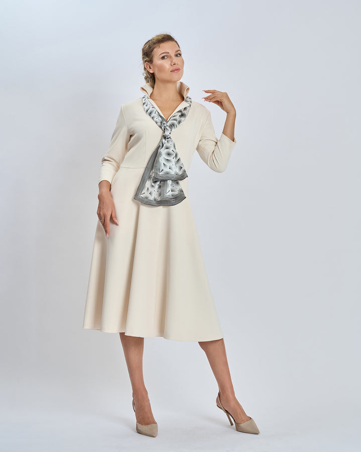 Gray Black and White LOTUS Print Long Silk Scarf Styled Around Neck and Scarf Ring With Cream Button Down Crepe V-Neckline Standing Collar Coat Dress by Alesia Chaika AlesiaC.com 