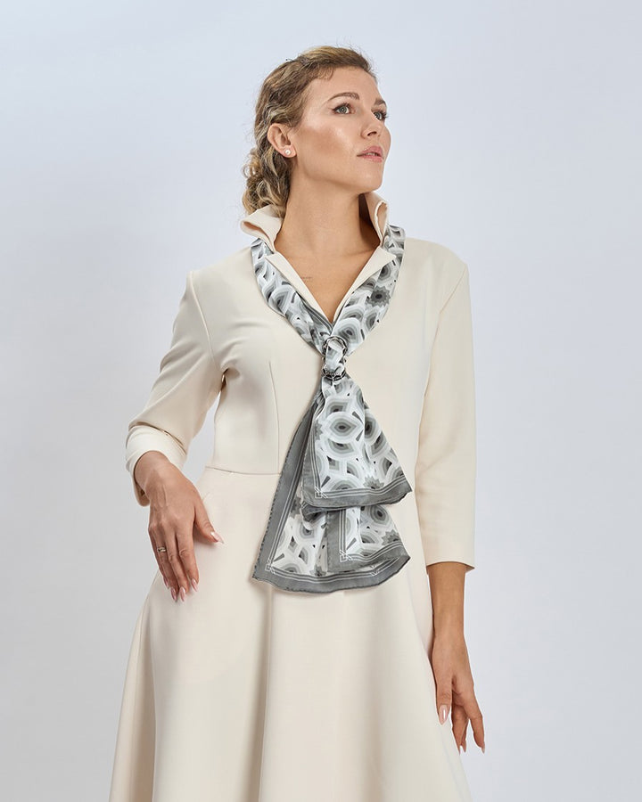 Gray Black and White LOTUS Print Long Silk Scarf Styled Around Neck and Scarf Ring With Cream Button Down Crepe V-Neckline Standing Collar Coat Dress by Alesia Chaika AlesiaC.com 