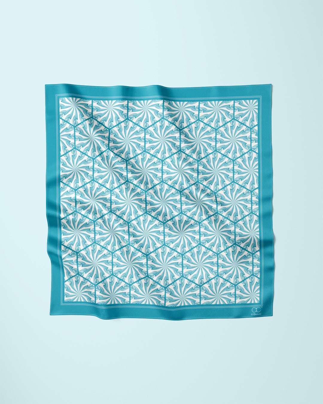 Turquoise Green White DANDELION SNOW Snowflakes Designer Pure Silk Scarf Styled Over Neck and Shoulders With HighLand Scarf Ring in White Gold and Black Strapless Dress AlesiaC.com