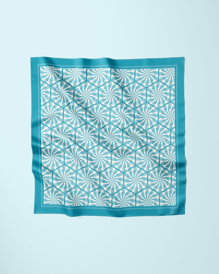 Turquoise Green White DANDELION SNOW Snowflakes Designer Pure Silk Scarf Styled Over Neck and Shoulders With HighLand Scarf Ring in White Gold and Black Strapless Dress AlesiaC.com