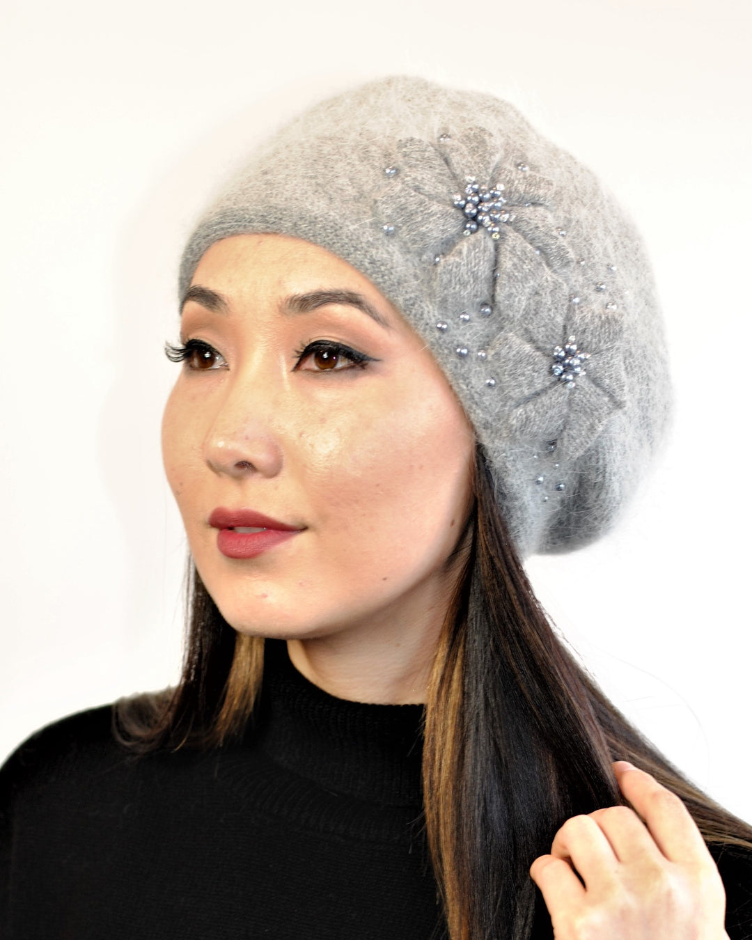 DOUBLE ANGORA Embroidered Wool Knit Beret Hat