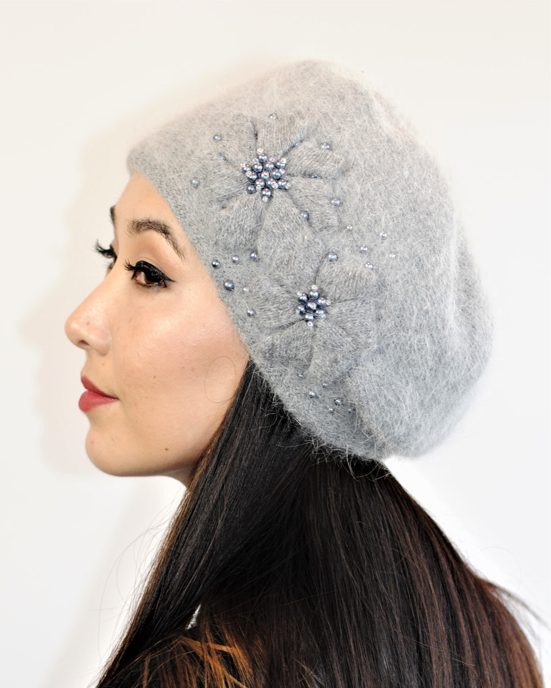 DOUBLE ANGORA Embroidered Wool Knit Beret Hat