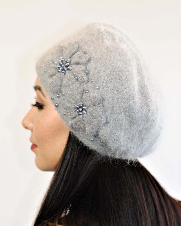 DOUBLE ANGORA Embroidered Wool Knit Beret Hat