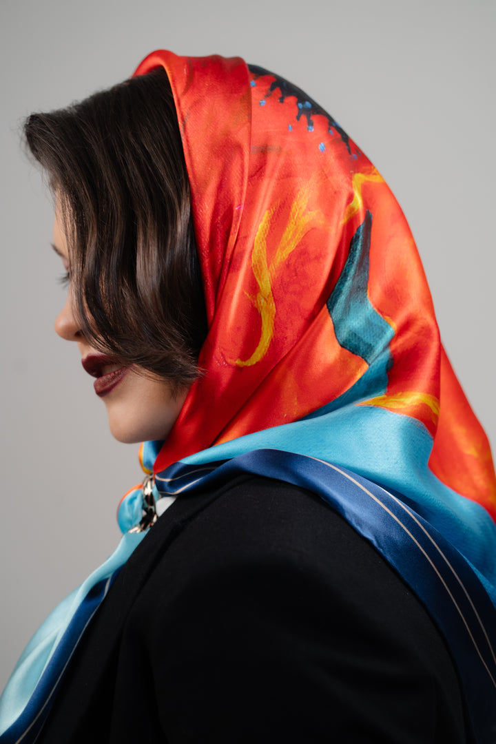 Red Poppy Head Silk Scarf With Scarf Ring in Red and Blue by Alesia Chaika AlesiaC.com