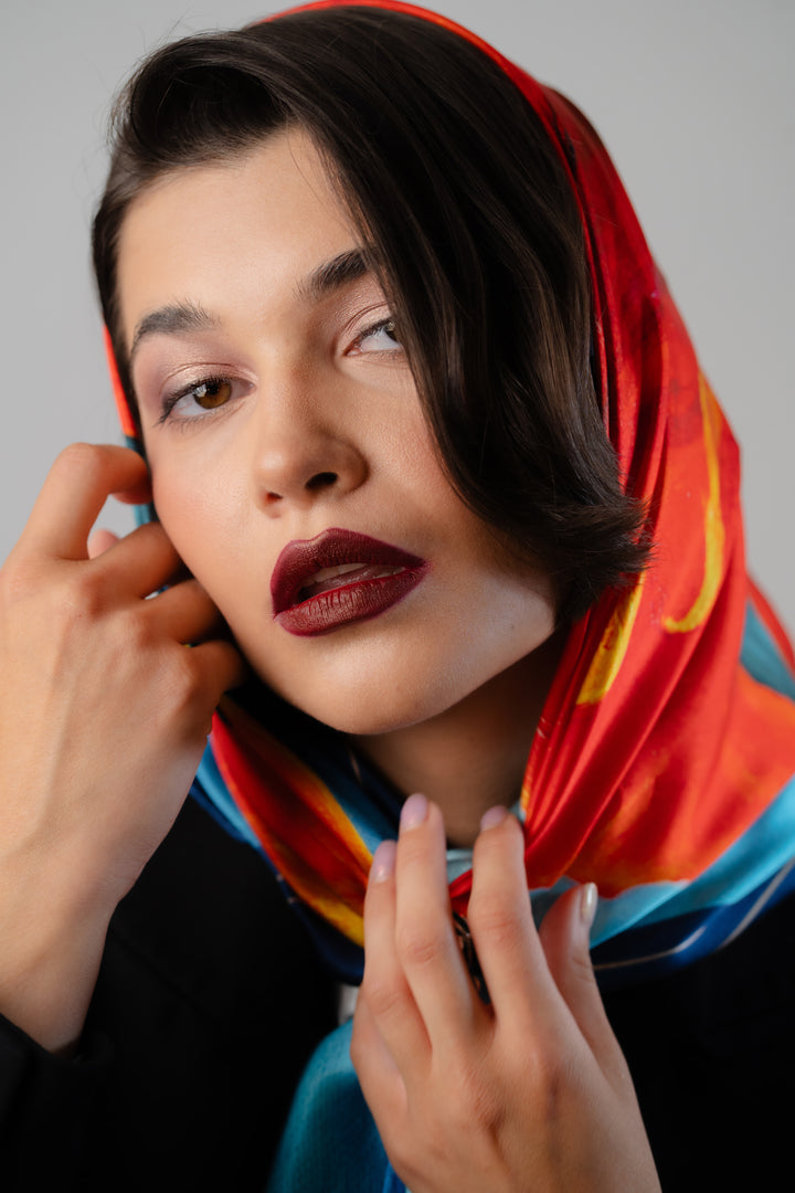 Red Poppy Flower Art Head Silk Scarf With Scarf Ring in Red and Blue by Alesia Chaika AlesiaC.com