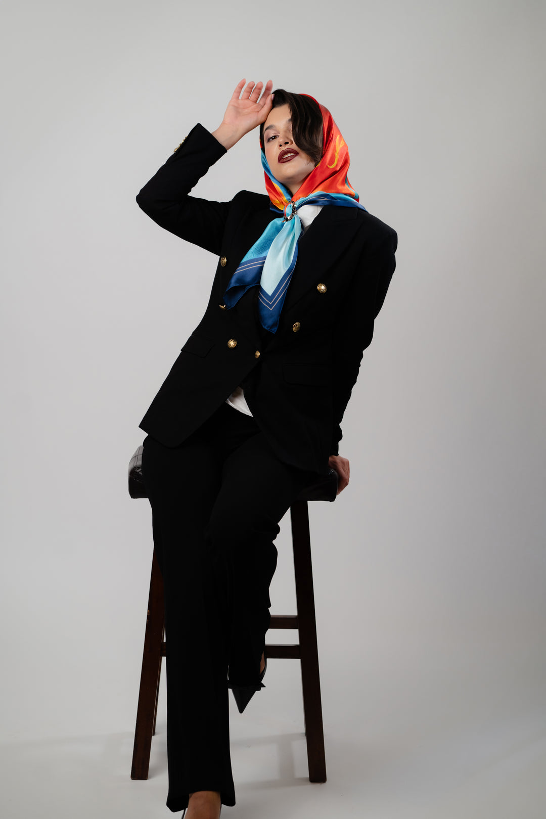 How To Tie A Head Silk Scarf With Scarf Ring and Blazer by Alesia Chaika AlesiaC.com