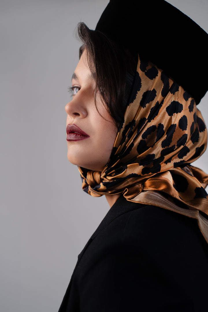 CHEETAH Leopard Animal Print Pure 100% Silk Scarf in Brown Beige Styled With a Hat. Signature Designer Logo Alesia C. AlesiaC.com