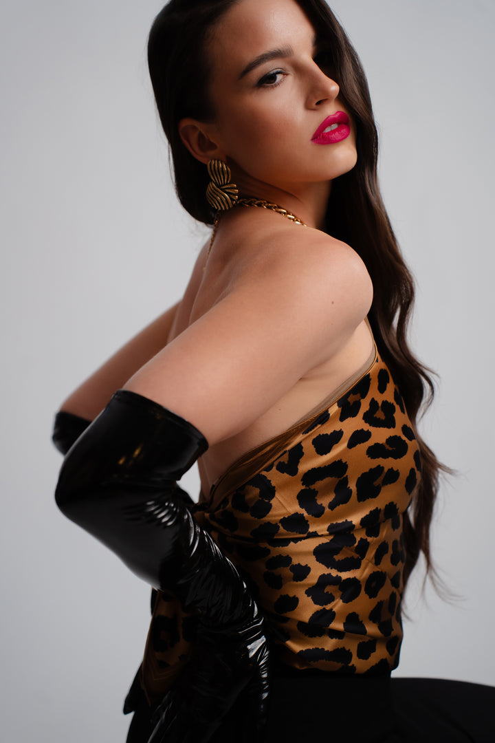 CHEETAH Leopard Animal Print Pure 100% Silk Scarf in Brown Beige Styled As A Top With Gold Chain. Signature Designer Logo Alesia C. AlesiaC.com