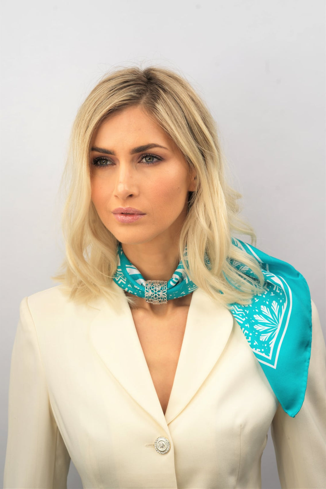 SERENITY Mandala Designer Silk Square Scarf – Turquoise White – Hand-Rolled Edges – Multiple Sizes