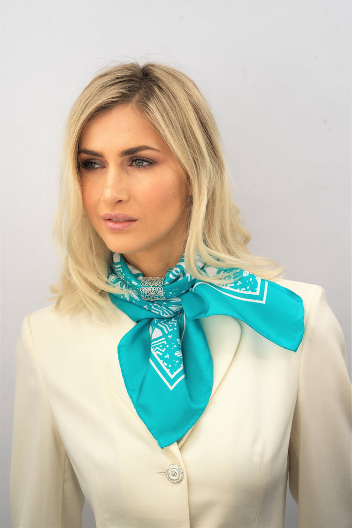 SERENITY Mandala Designer Silk Square Scarf – Turquoise White – Hand-Rolled Edges – Multiple Sizes