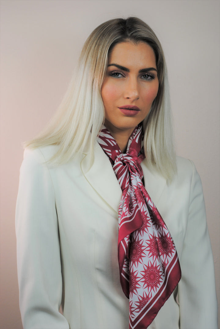 WISDOM Mandala Silk Square Scarf in Burgundy White – Multiple Sizes by Alesia Chaika