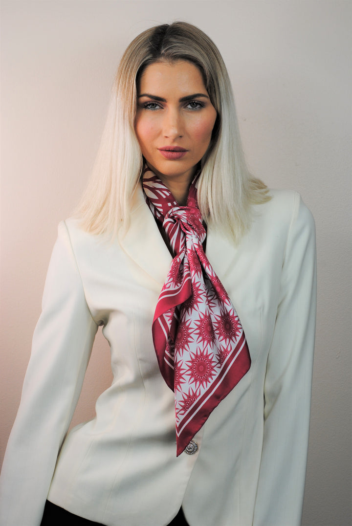 WISDOM Mandala Silk Square Scarf in Burgundy White – Multiple Sizes by Alesia Chaika