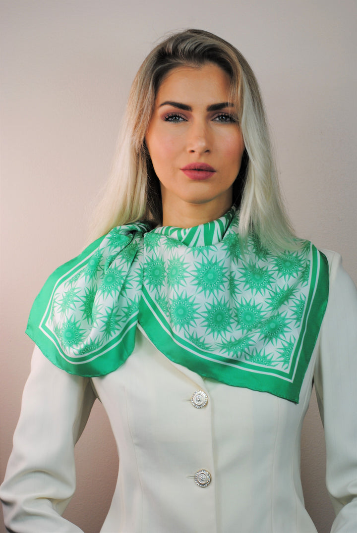 WISDOM Mandala Silk Square Scarf in Green White – Multiple Sizes by Alesia Chaika