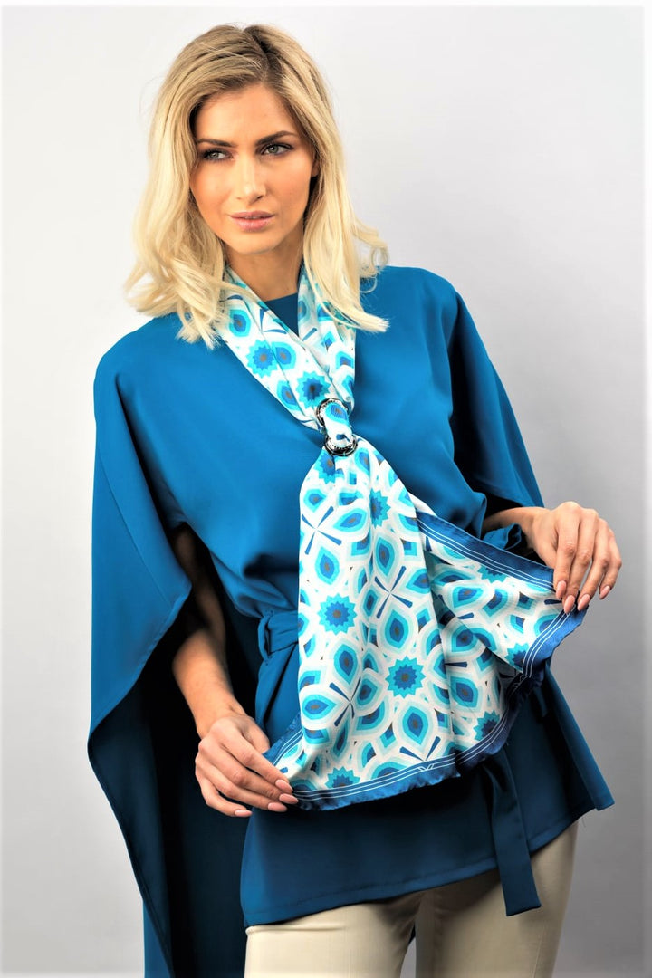 LOTUS Mandala Designer 100% Silk Long Rectangle Scarf in Blue White
