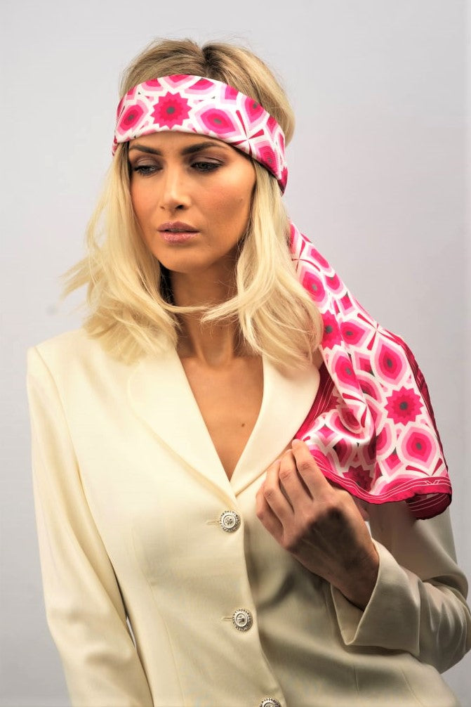 LOTUS Mandala 100% Silk Oblong Scarf in Pink White