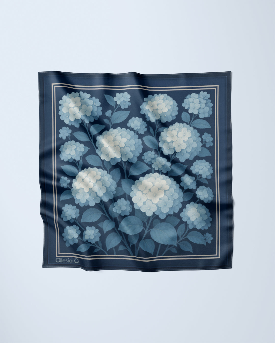 Navy Light Blue Hydrangea Garden 100% Silk Designer Luxury Scarf  by Alesia Chaika AlesiaC.com 