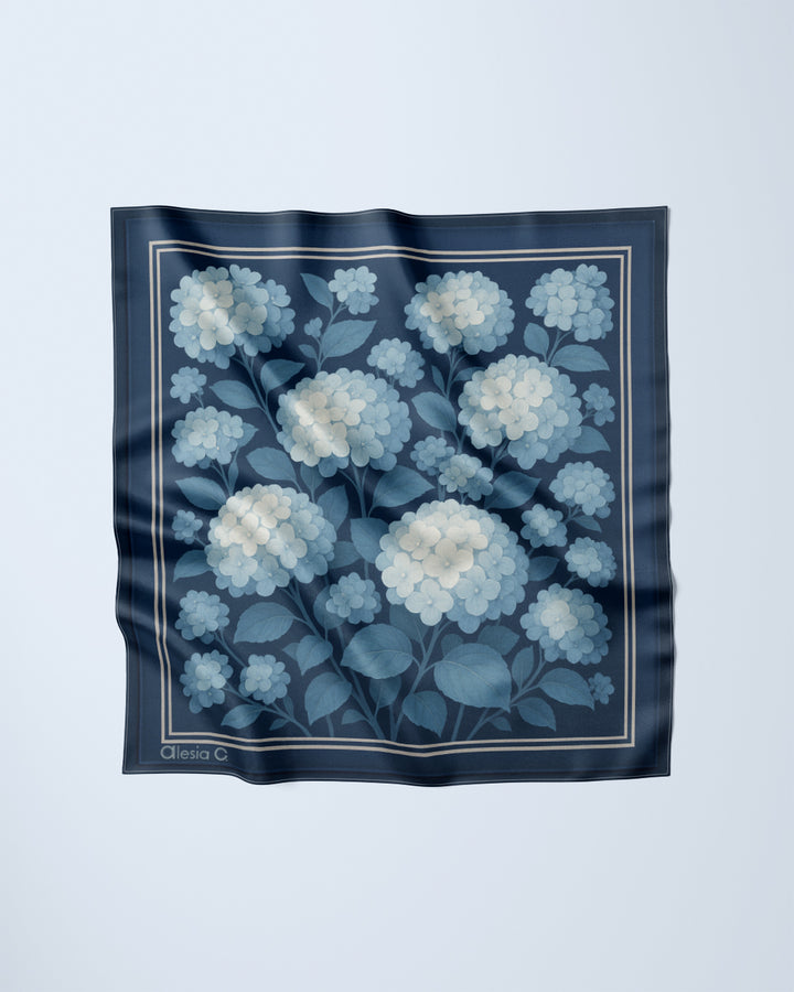 Navy Light Blue Hydrangea Garden 100% Silk Designer Luxury Scarf  by Alesia Chaika AlesiaC.com 