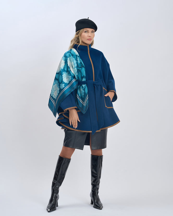 Navy Light Blue Hydrangea Garden 100% Silk Designer Luxury Scarf  Styled With Navy Blue Wool SWAN Cape-Coat, Black Felted Wool Visor Beret, Black Leather Skirt, Black High Boots by Alesia Chaika AlesiaC.com 