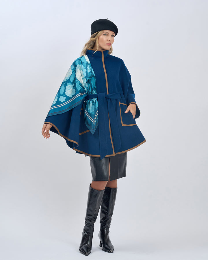 Navy Light Blue Hydrangea Garden 100% Silk Designer Luxury Scarf  Styled With Navy Blue Wool SWAN Cape-Coat, Black Felted Wool Visor Beret, Black Leather Skirt, Black High Boots by Alesia Chaika AlesiaC.com 