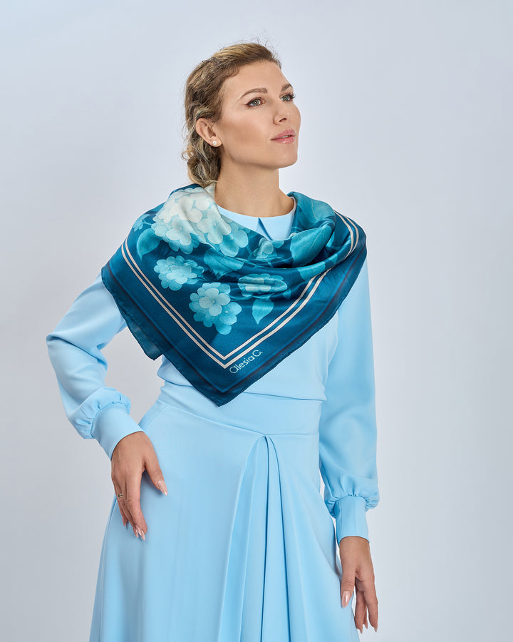 Navy Light Blue Hydrangea Garden 100% Silk Designer Luxury Scarf  Styled With Crepe Light Blue Blouse and Skirt by Alesia Chaika AlesiaC.com 