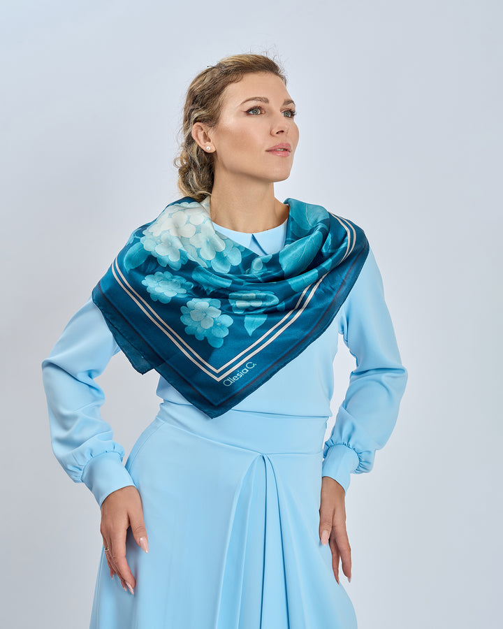 Navy Light Blue Hydrangea Garden 100% Silk Designer Luxury Scarf  Styled With Crepe Light Blue Blouse and Skirt by Alesia Chaika AlesiaC.com 