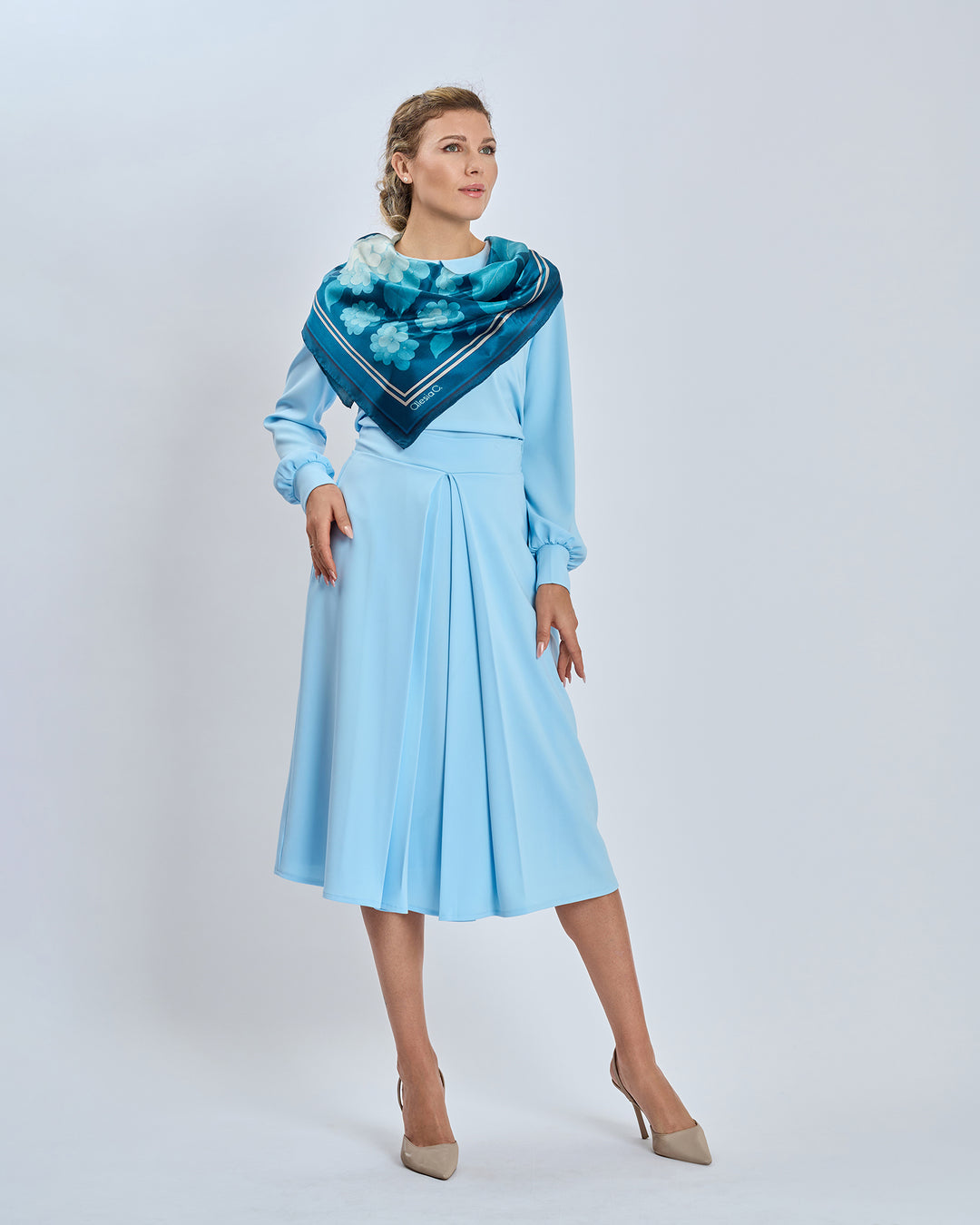 Navy Light Blue Hydrangea Garden 100% Silk Designer Luxury Scarf  Styled With Crepe Light Blue Blouse and Skirt by Alesia Chaika AlesiaC.com 