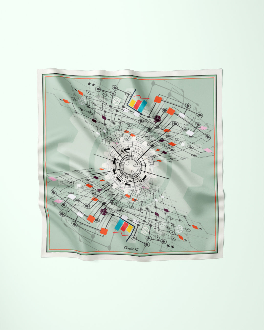 Griffin Museum of Science and Industry, Innovation And Science Flow, Orange White Green, for Men, 100% Silk Pocket Square by Chicago Artist Alesia Chaika, AlesiaC.com