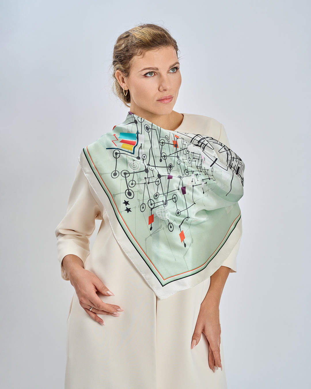 Innovation Flow Pure Silk Square Scarf and Pocket Square in Sage Green and Black With White Classic Pant Suite by Alesia Chaika  AlesiaC.com