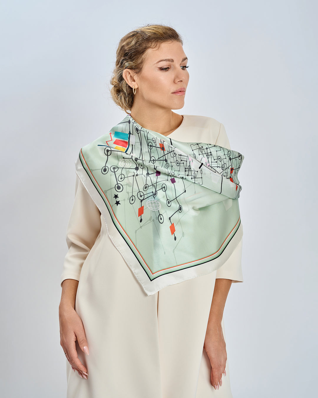 Innovation Flow Pure Silk Square Scarf and Pocket Square in Sage Green and Black With White Classic Pant Suite by Alesia Chaika  AlesiaC.com