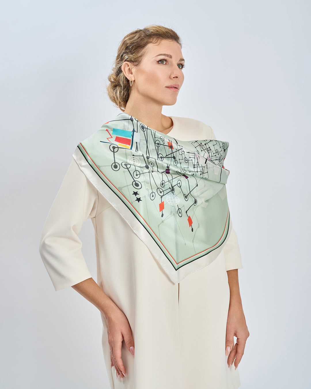 Innovation Flow Pure Silk Square Scarf and Pocket Square in Sage Green and Black With White Classic Pant Suite by Alesia Chaika  AlesiaC.com