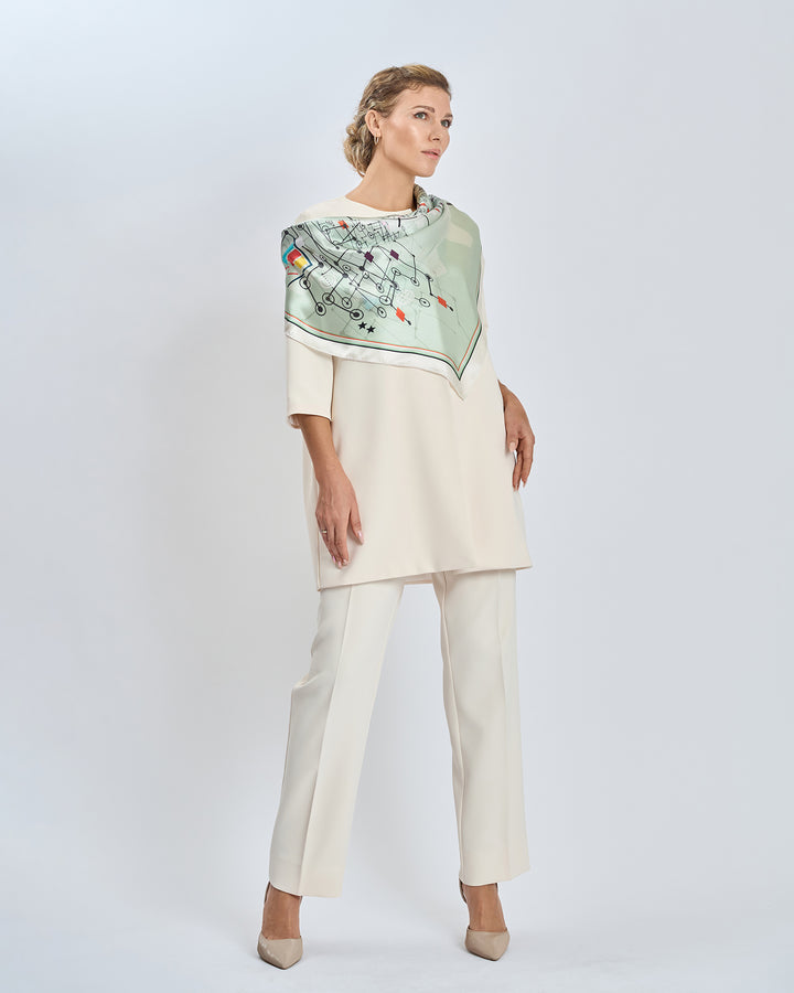 Innovation Flow Pure Silk Square Scarf and Pocket Square in Sage Green and Black With White Classic Pant Suite by Alesia Chaika  AlesiaC.com