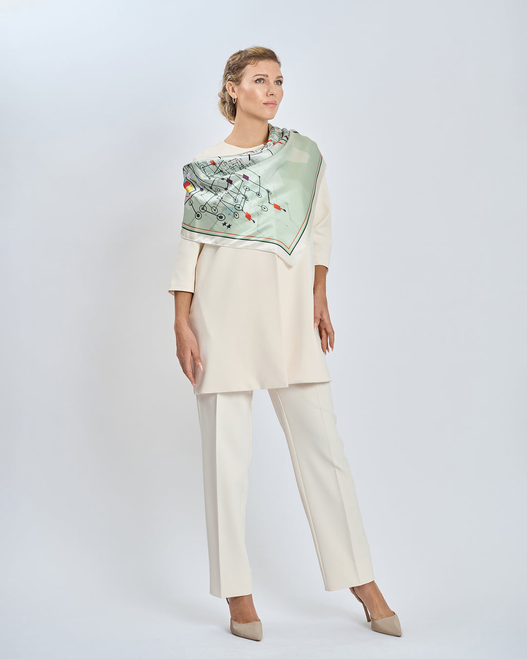 Innovation Flow Pure Silk Square Scarf and Pocket Square in Sage Green and Black With White Classic Pant Suite by Alesia Chaika  AlesiaC.com