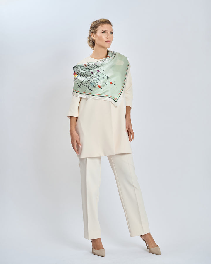 Innovation Flow Pure Silk Square Scarf and Pocket Square in Sage Green and Black With White Classic Pant Suite by Alesia Chaika  AlesiaC.com