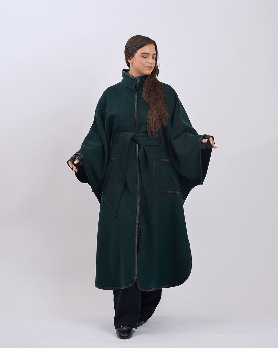 KIMONO LONG Virgin Wool Belted Cape Coat - Forest Green Black Leather Trim
