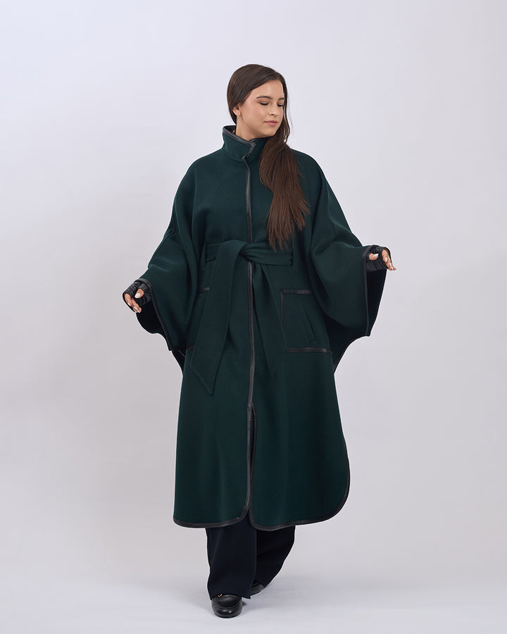 KIMONO LONG Virgin Wool Belted Cape Coat - Forest Green Black Leather Trim