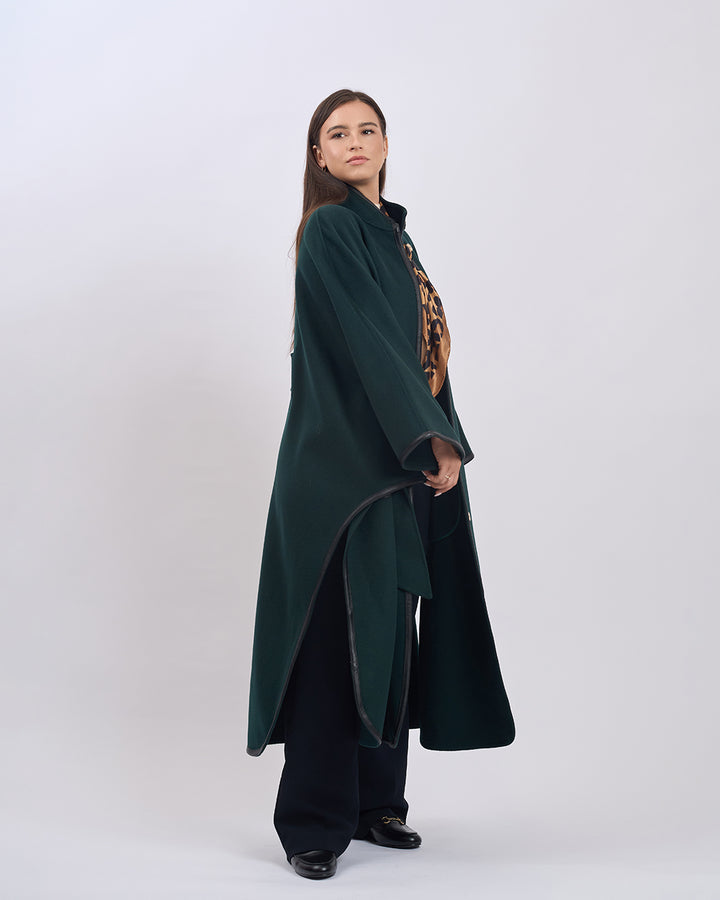KIMONO LONG Virgin Wool Belted Cape Coat - Forest Green Black Leather Trim
