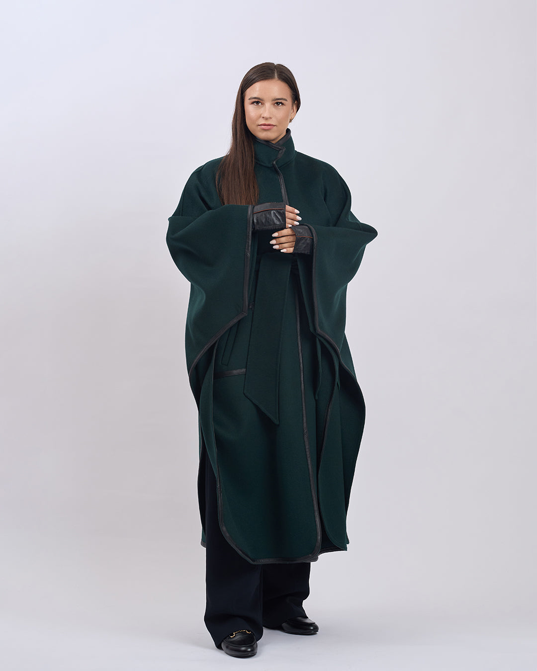 KIMONO LONG Virgin Wool Belted Cape Coat - Forest Green Black Leather Trim