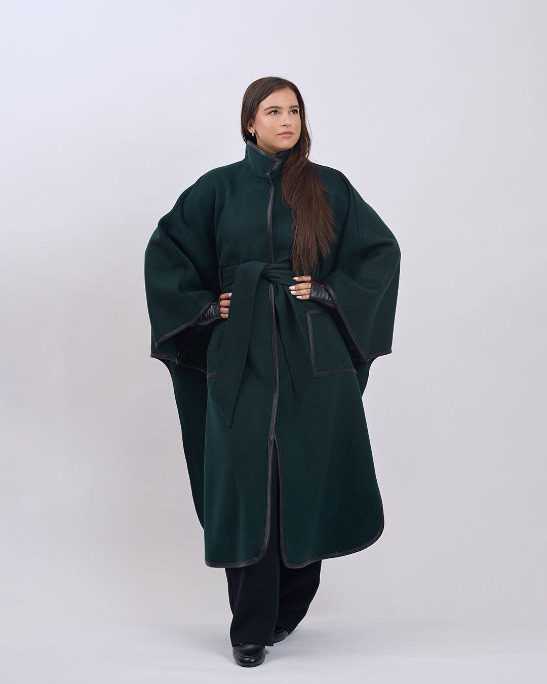 KIMONO LONG Virgin Wool Belted Cape Coat - Forest Green Black Leather Trim