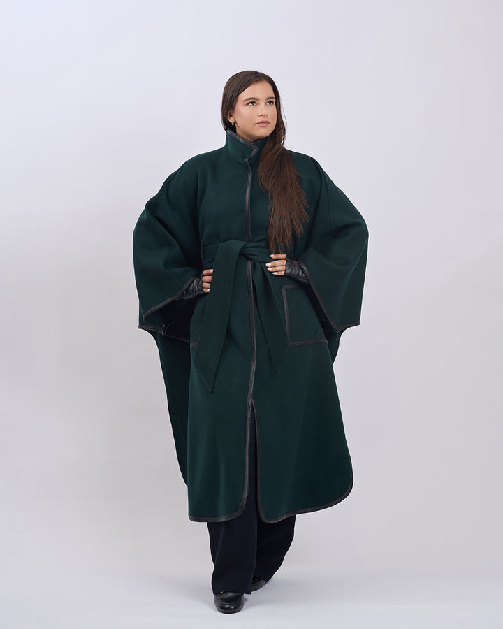 KIMONO LONG Virgin Wool Belted Cape Coat - Forest Green Black Leather Trim
