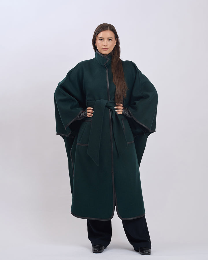 KIMONO LONG Virgin Wool Belted Cape Coat - Forest Green Black Leather Trim