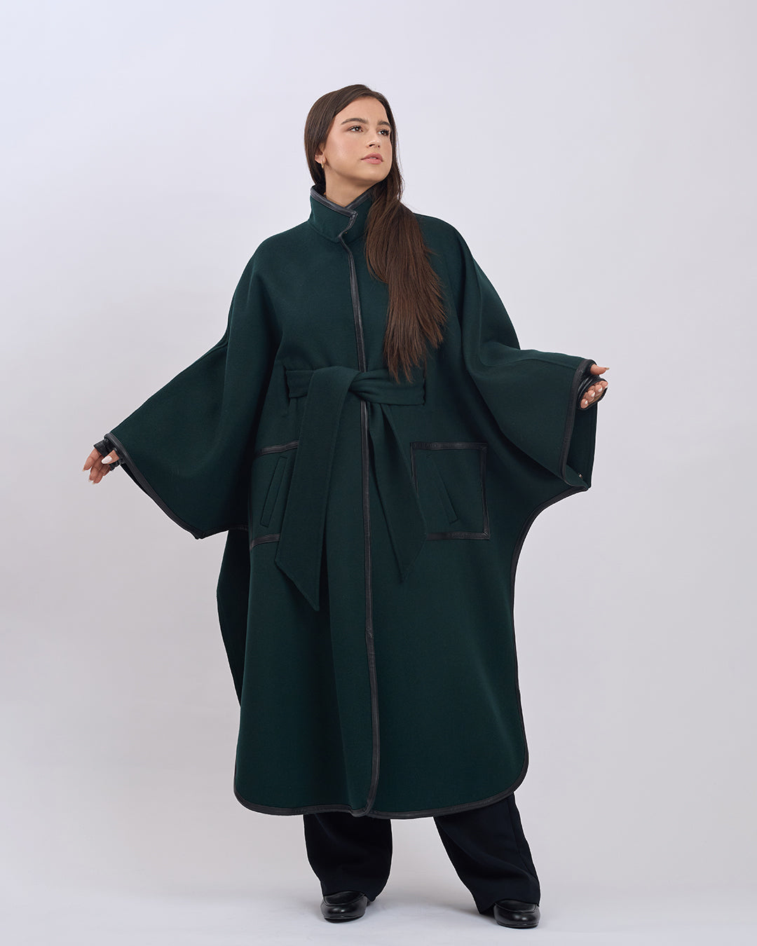 KIMONO LONG Virgin Wool Belted Cape Coat - Forest Green Black Leather Trim