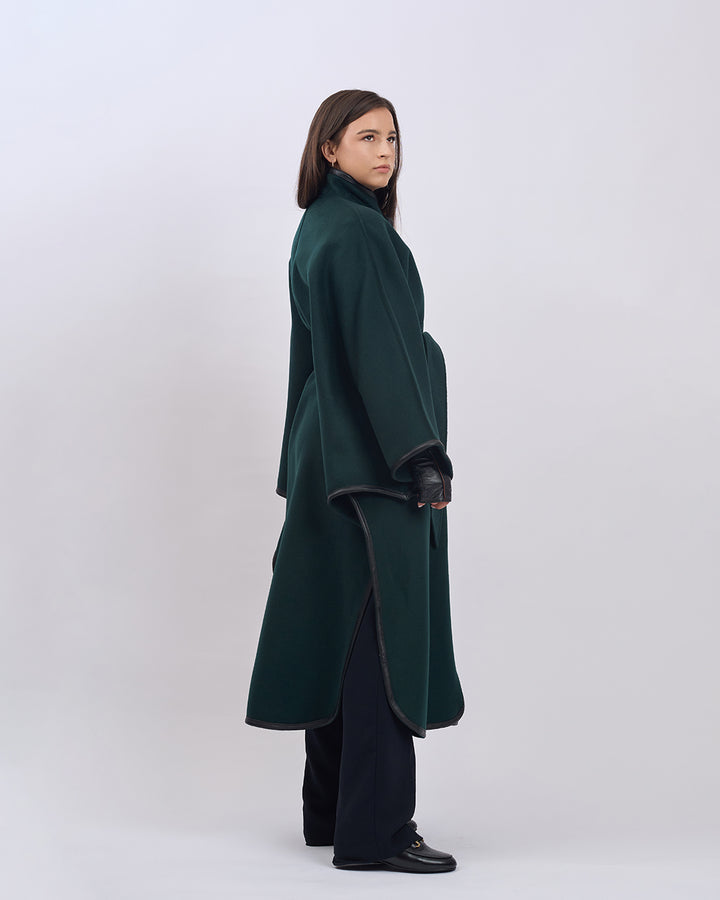 KIMONO LONG Virgin Wool Belted Cape Coat - Forest Green Black Leather Trim