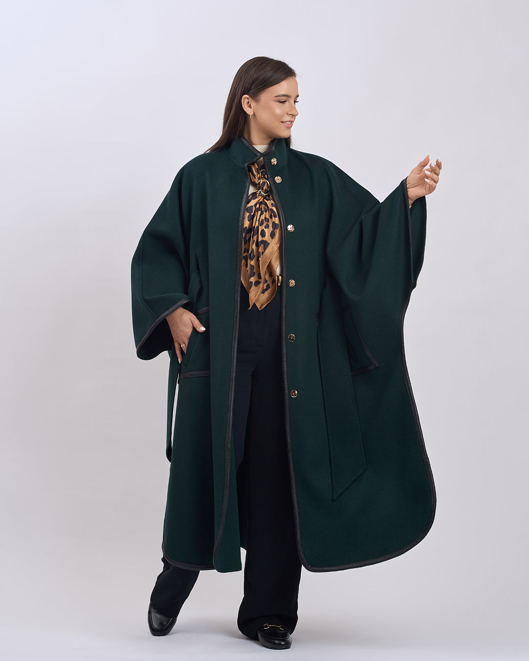 KIMONO LONG Virgin Wool Belted Cape Coat - Forest Green Black Leather Trim