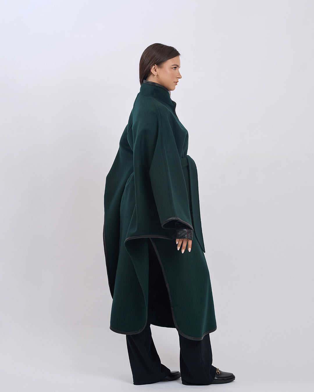 KIMONO LONG Virgin Wool Belted Cape Coat - Forest Green Black Leather Trim