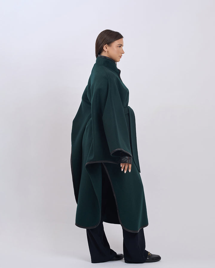 KIMONO LONG Virgin Wool Belted Cape Coat - Forest Green Black Leather Trim