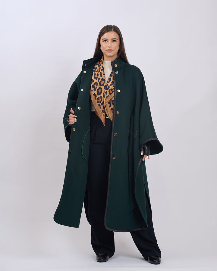 KIMONO LONG Virgin Wool Belted Cape Coat - Forest Green Black Leather Trim
