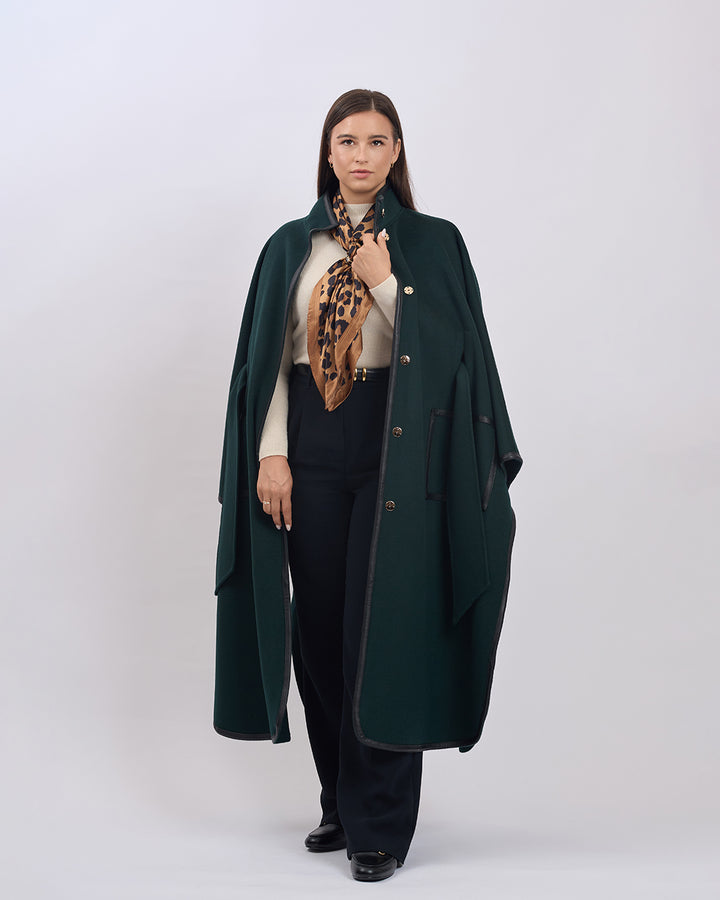 KIMONO LONG Virgin Wool Belted Cape Coat - Forest Green Black Leather Trim
