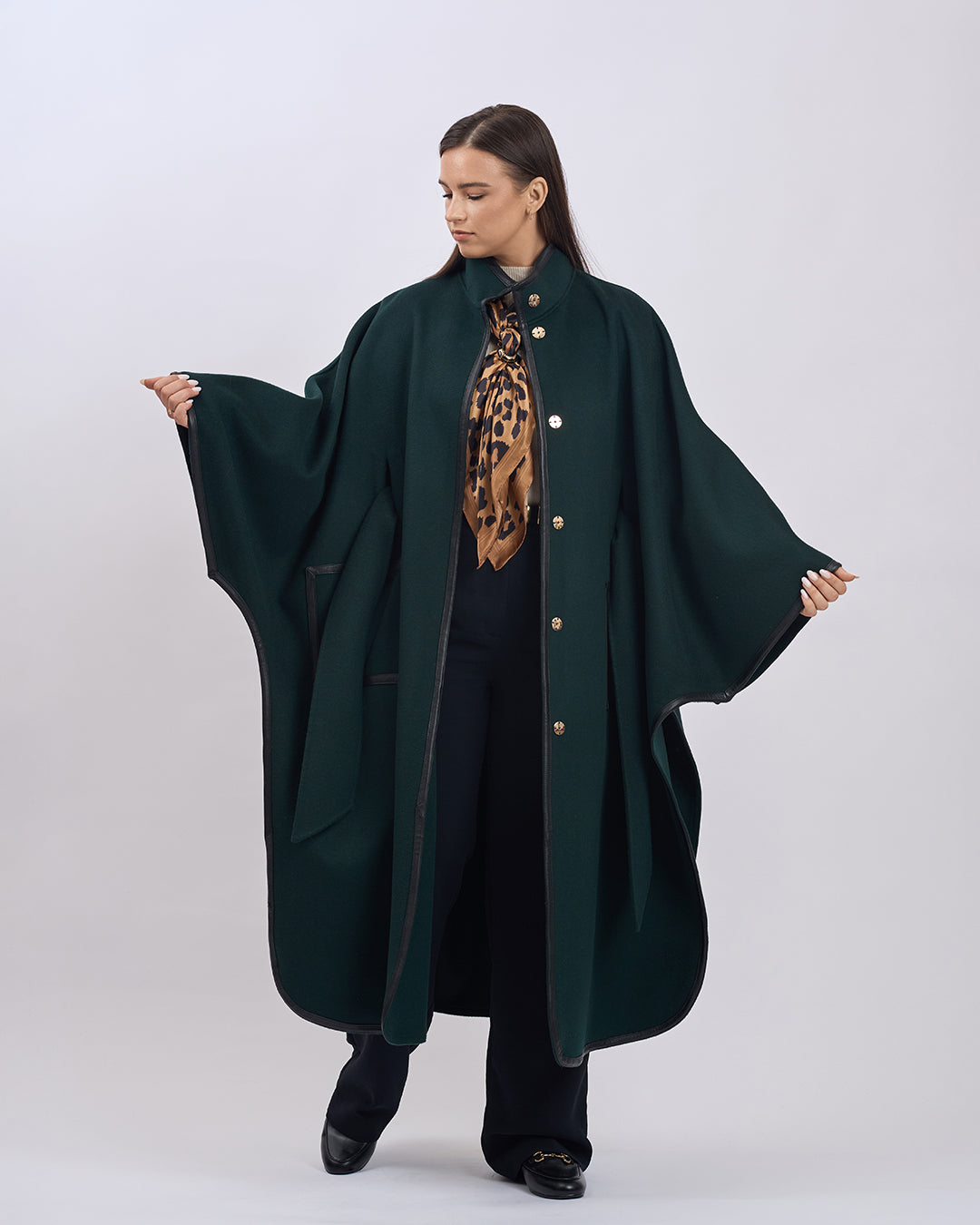 KIMONO LONG Virgin Wool Belted Cape Coat - Forest Green Black Leather Trim