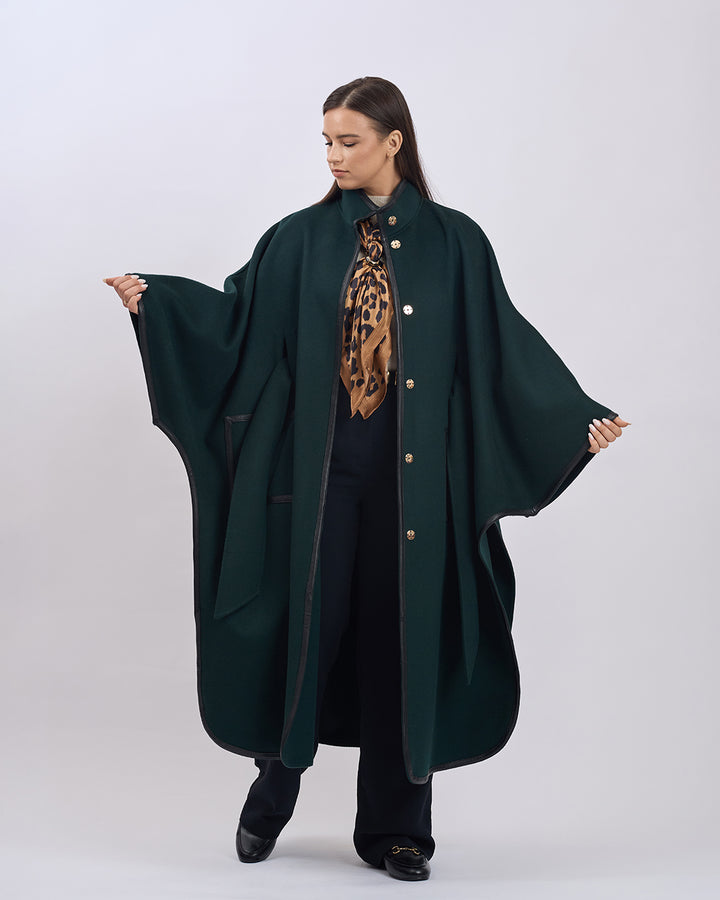 KIMONO LONG Virgin Wool Belted Cape Coat - Forest Green Black Leather Trim